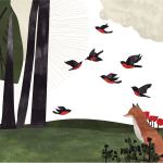 An illustration of a fox watching a flock of birds