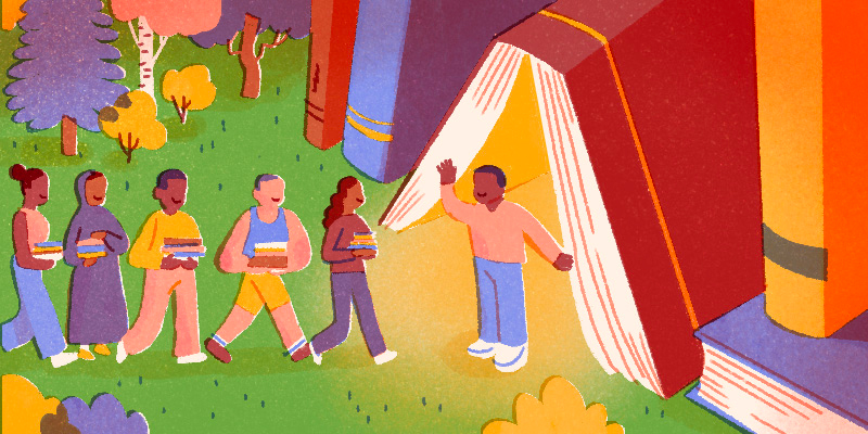 A man with dark skin stands under a tent-sized book, welcoming a line of five people of various skin tones, each of whom carries a stack of books.